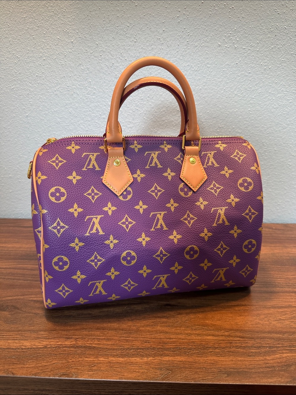 RARE INSPIRED Purple Monogram Satchel with Tan Leather Trim Size 30 P9 - Picture 3 of 15